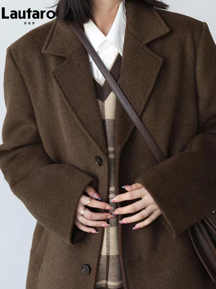 

Lautaro Autumn Winter Loose Casual Brown Black Warm Woolen Blazer Women with Long Sleeve Single Breasted Jackets and Coats 2022