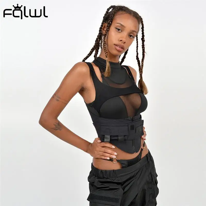 

FQLWL Spring Solid Corset Top Women 2022 O Neck Sleeveless Patchwork Mesh Zipper Tops Sexy Club Black Tank Top Female