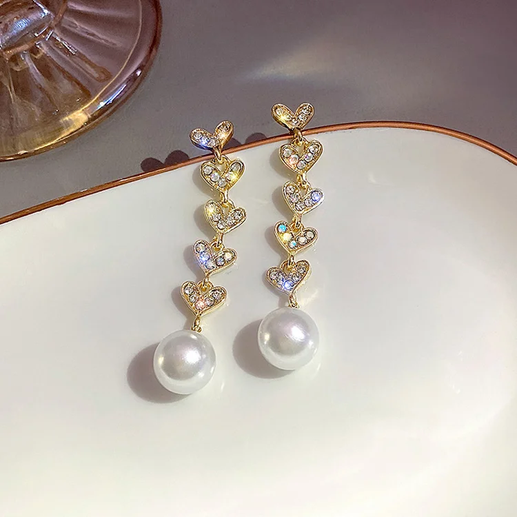 

S925 Silver Needle Love Tassel Pearl Earrings Heart Long Drop Earrings KoreanTemperament Crystal Earring Jewelry Accessories