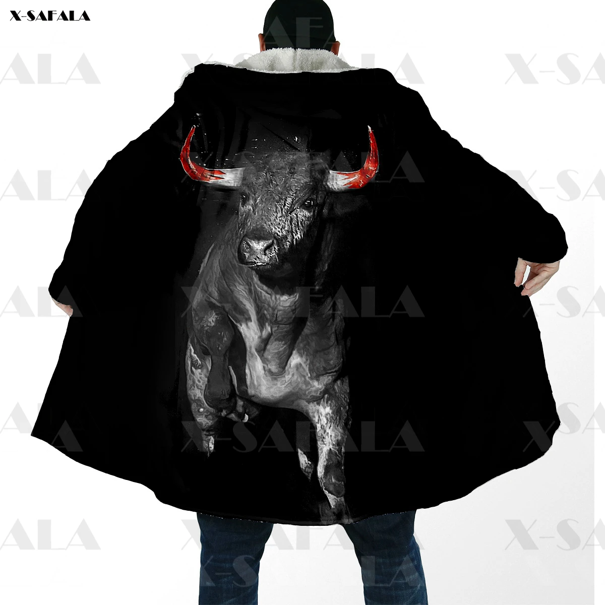 

Spanish Bull Thicker Warm Hooded Cloak Female Man Samurai Tattoo Overcoat Coat Windproof Fleece Cape Robe Hooded Blanket