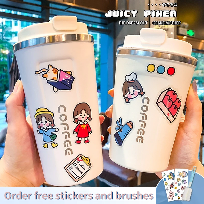 

380/510ML stainless steel coffee cup leak-proof thermos bottle travel insulation thermos cup with stickers and brush