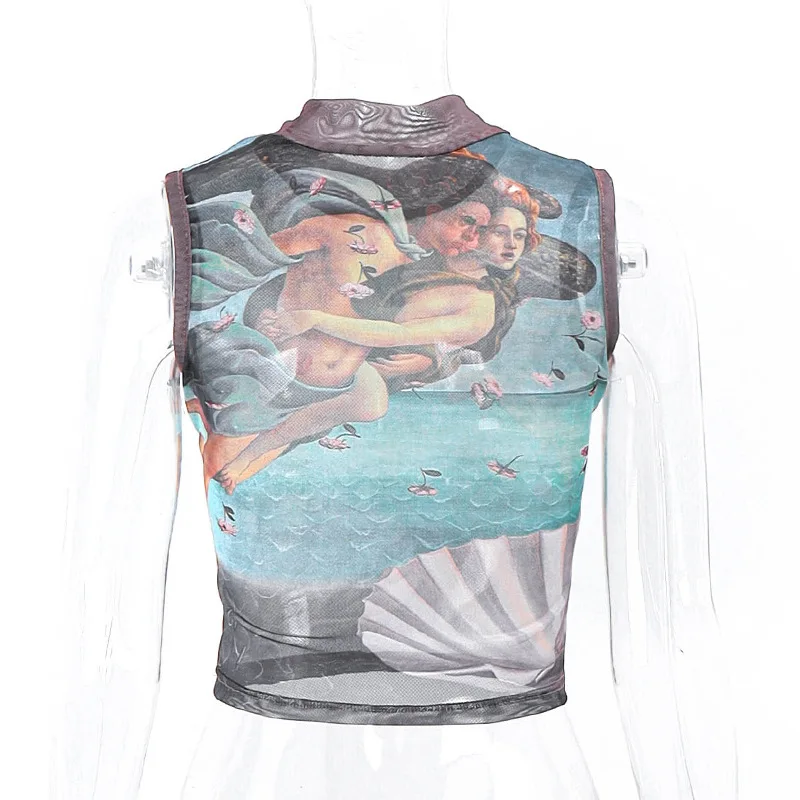 NEONBABIPINK Ретро абстрактный принт прозрачные сетчатые топы винтажная одежда эпохи