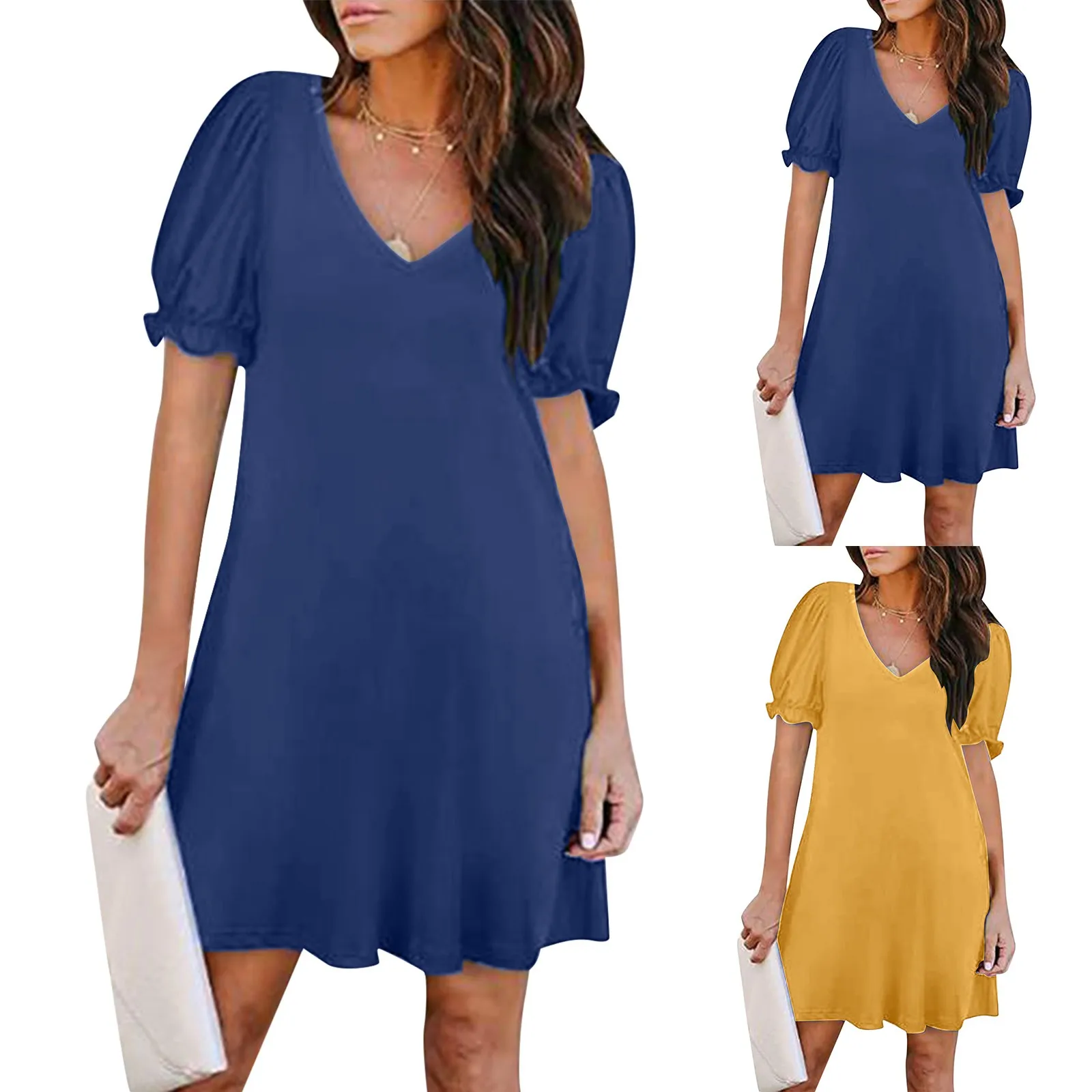 

Womens Summer Dresses Casual Puff Short Sleeve V Neck T Shirt Dress Fashion Dress With Pockets Christmas Pajamas for Women Dress
