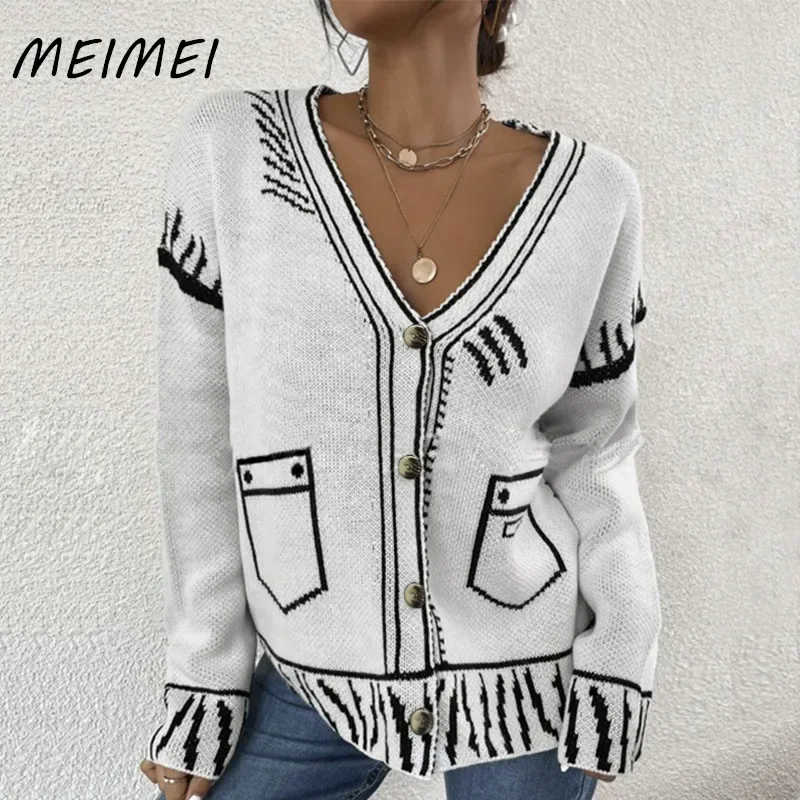 

Cardigan Sweater Women's Autumn and Winter Single Breasted Long Sleeve V Neck Knitted Jacket Coat Fashion Oversized Sweater Tops