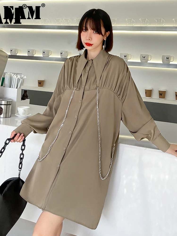 [EAM] женское коричневое платье-рубашка большого размера с цепочкой на козлах