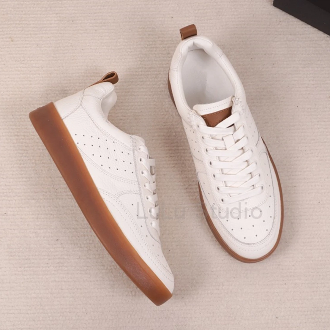Elmsk New Genuine Leather Women's Casual Shoes Women Color-Blocking Fashion Leather Sneakers Shoes