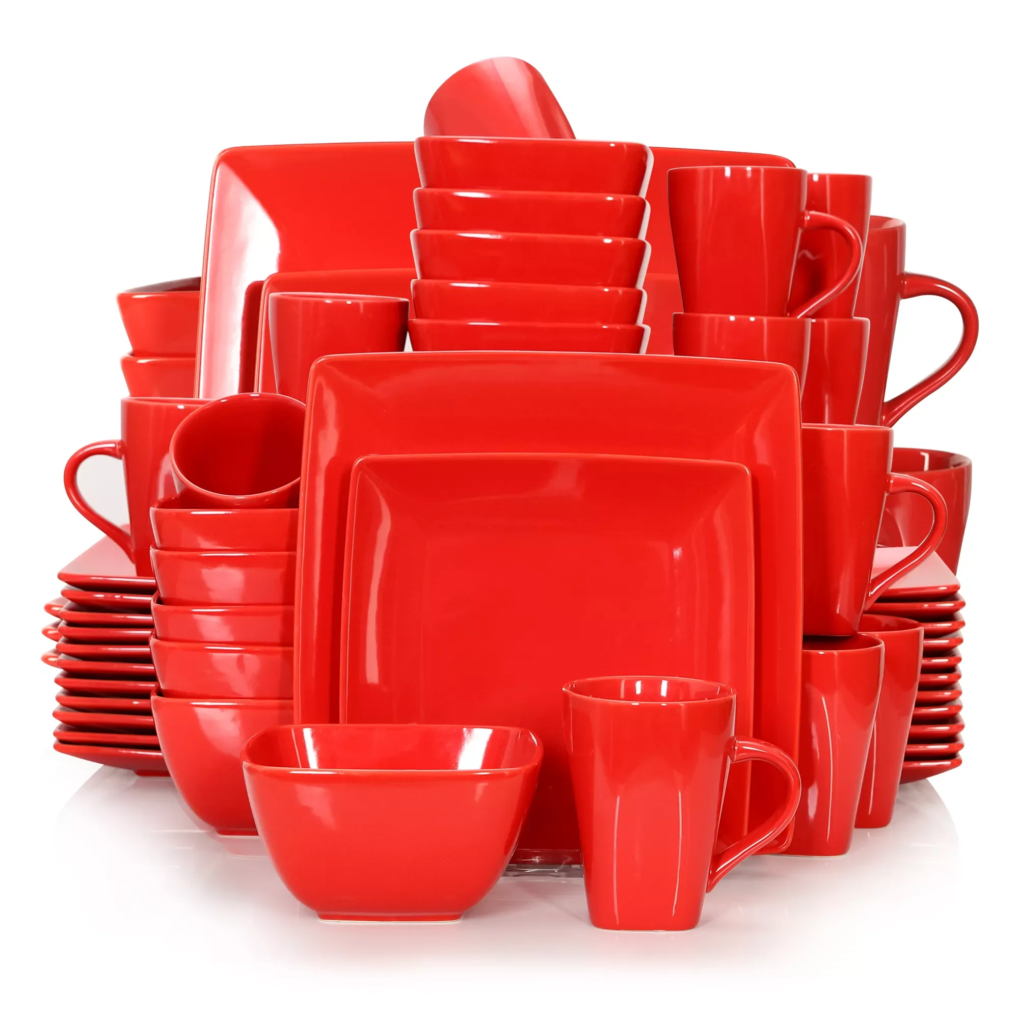 

16/32/48-Piece Red Ceramic Porcelain Square Dinnerware Set with Dinner Plate,Dessert Plate,Bowl,240ml Mug Set