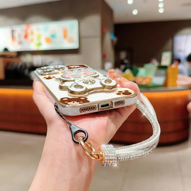 Diamond Wrist Strap Cute Bear Phone Holder Case On For Oppo A96 A97 A95 A94 A93S A92S A91 A83 A78 A74 A72 4G 5G Stand Back Cover