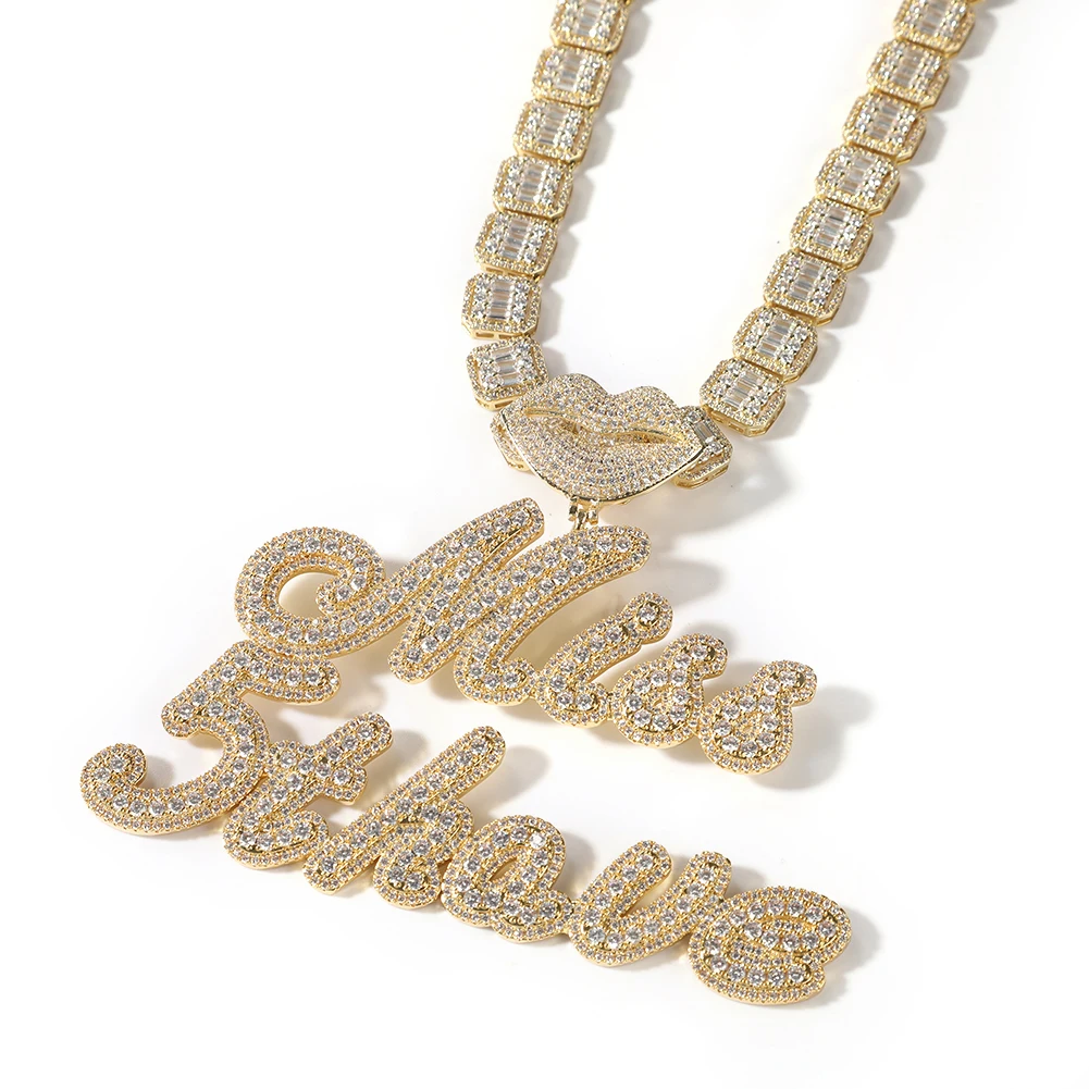 UWIN Custom Lips Clasp Brush Script Letter Pendant Two Tone DIY Name Micro Paved CZ Baguette Chain Necklace Hiphop Jewelry