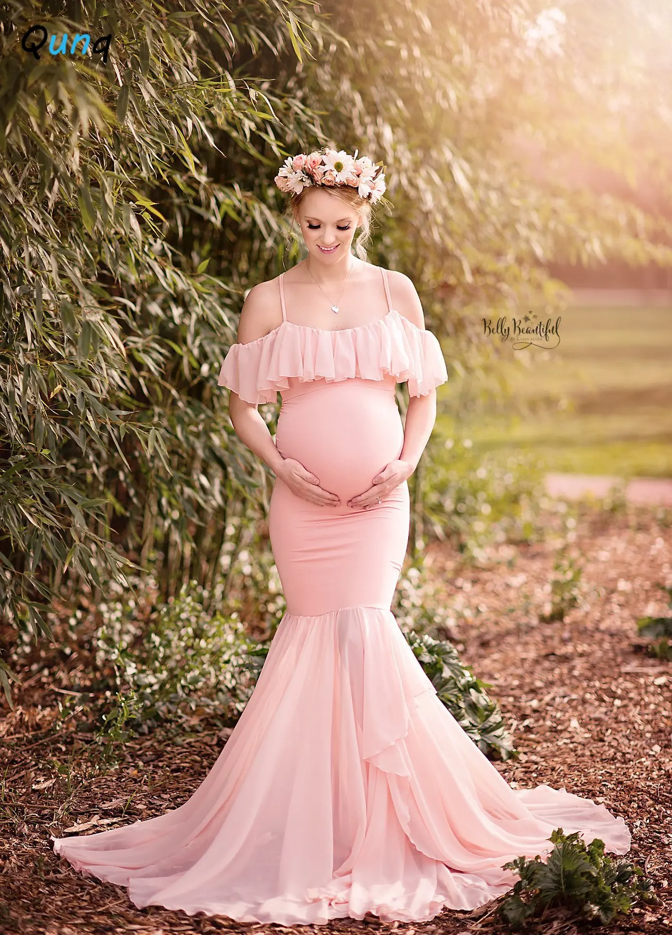 

Qunq New Maternity Wear Women Solid Fly Sleeve Falbala Lace Splicing Sweet Princess Dress Elegant Pregnancy ropa de maternidad