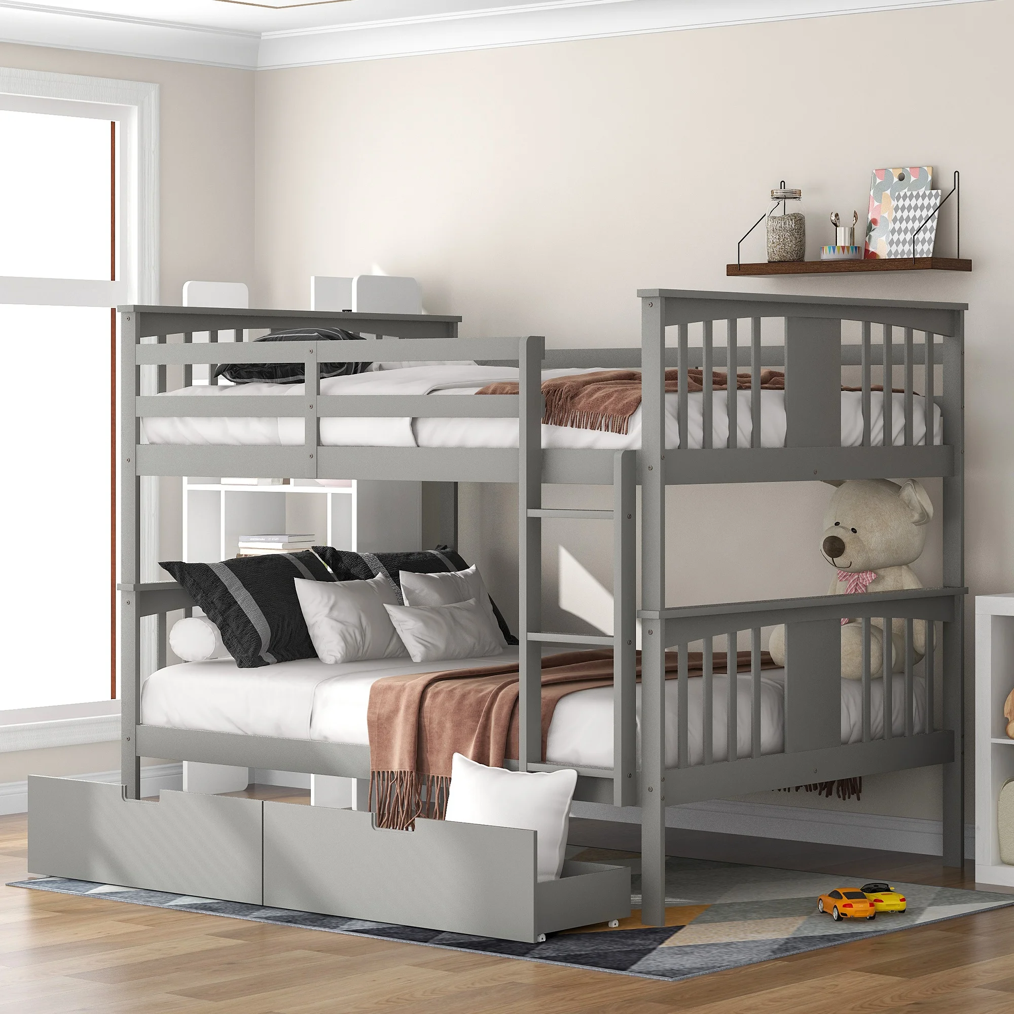 

Full over Full Bunk Bed with Drawers and Ladder for Bedroom, Guest Room Furniture-Gray