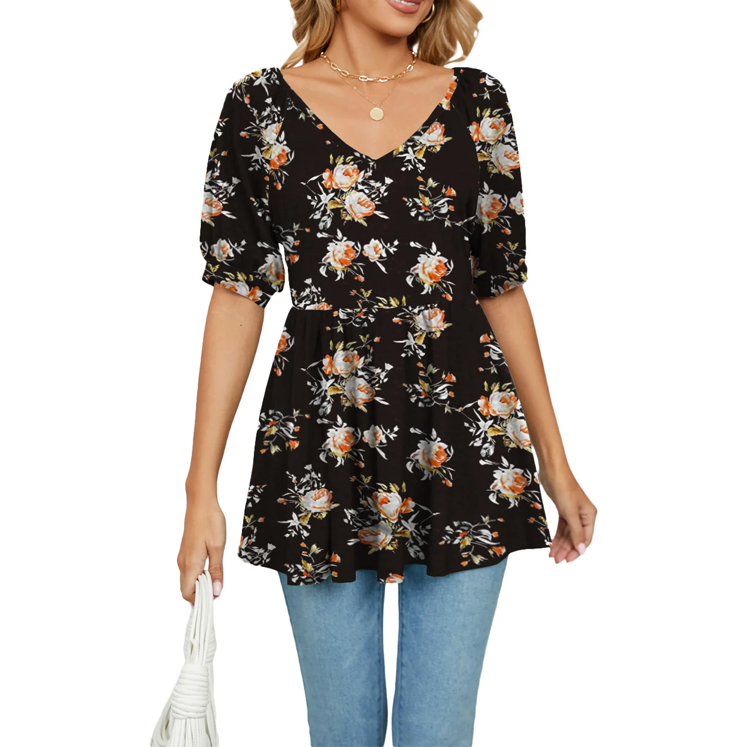 

Женская футболка-туника с V-образным вырезом и коротким рукавом