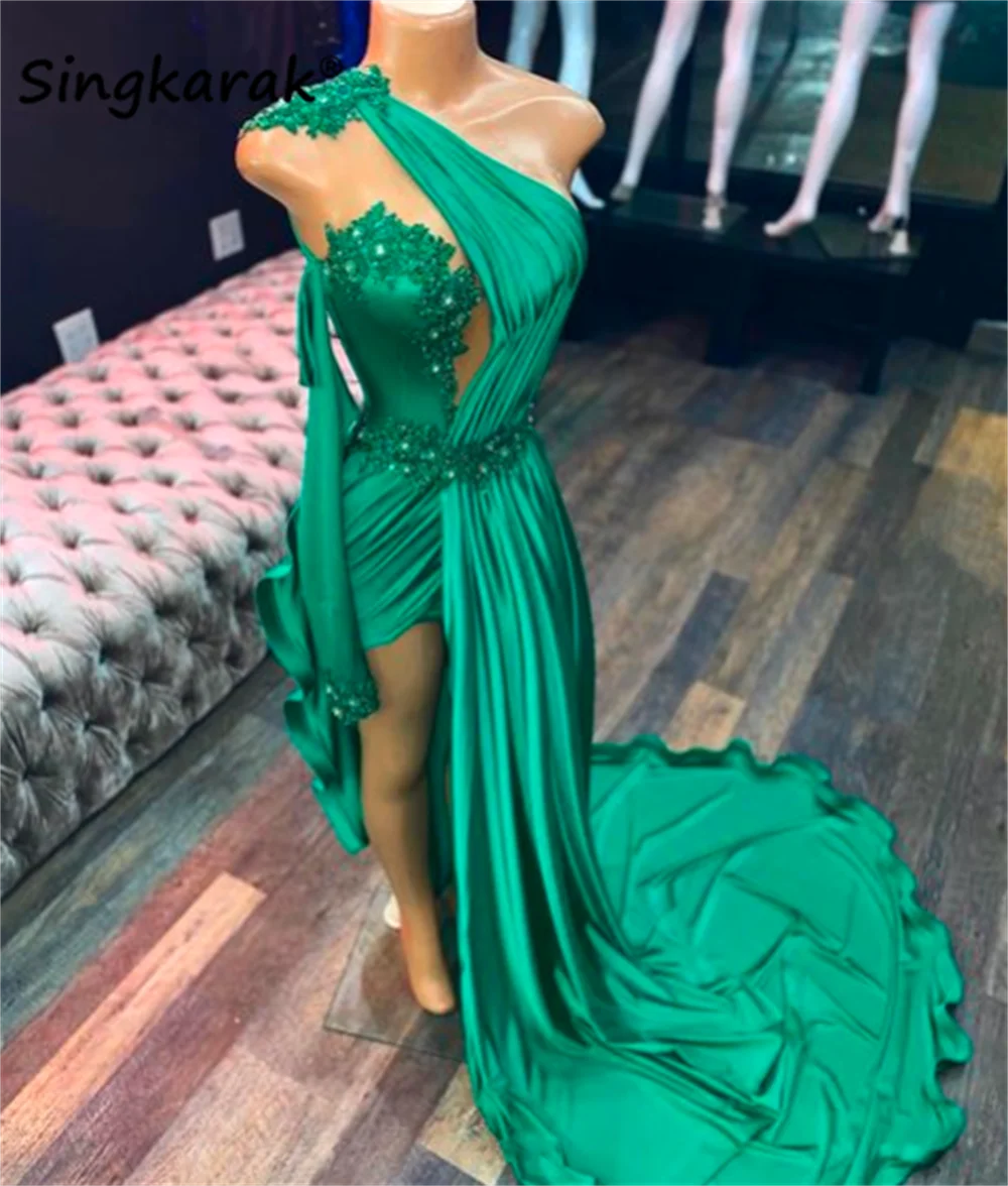 

Sexy Green Mermaid Prom Dresses 2022 One Sleeve Beaded Birthday Party Dress Court Train Evening Gown Robe De Bal Custom