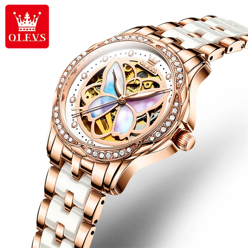OLEVS Women Watches Fashion Colorful Butterfly Dial Automatic Mechanical Watch Top Brand Luxury Ladies Wristwatch Reloj Mujer