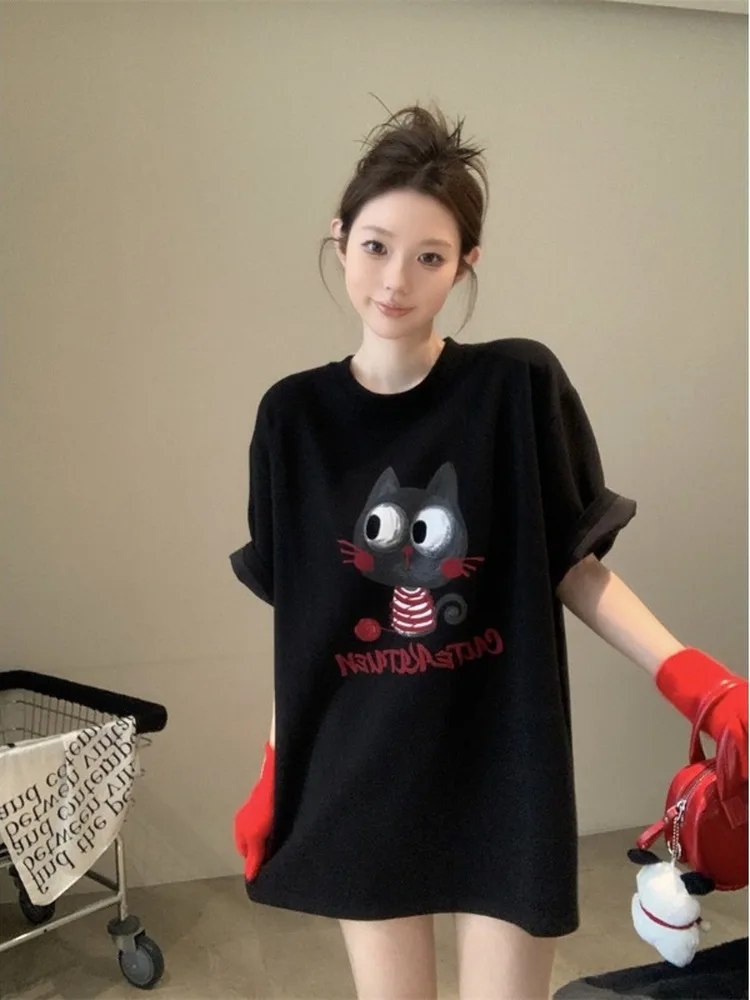 Осенне-зимняя внутренняя одежда модная футболка с мультяшным принтом кота милый