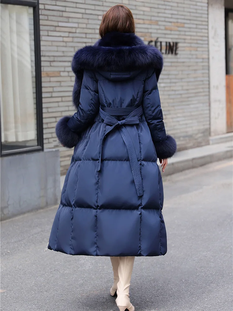 New Women Real Fur Stitching Down Coat Winter Hooded Double Fox Fur Collar Lace-up Belt Slim Thicken Warm Lengthened Down Jacket