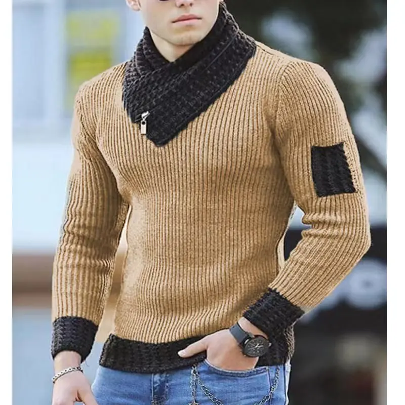 Autumn Winter Men's New Fashion British Pullover Sugi Fashion Long Sleeve Color Matching Scarf High Neck Slim Fit Sweater Knit