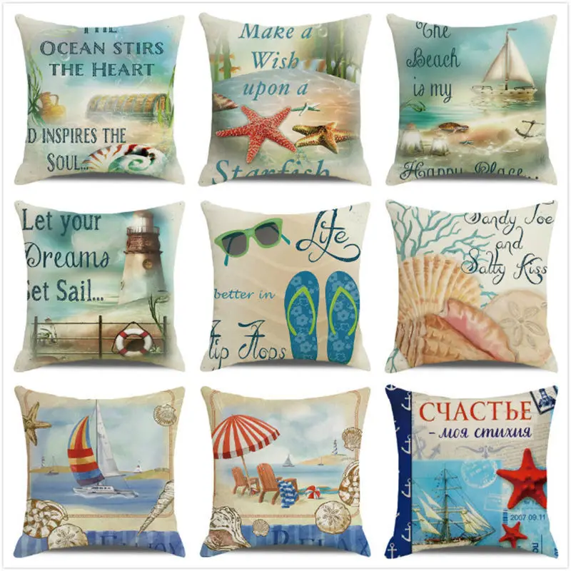 

Summer Vacation Linen Throw Pillow Case Blue Ocean Beach Pillowcase 40x40 Cm Sofa Bed Pillow Cover Home Decor Room Aesthetics