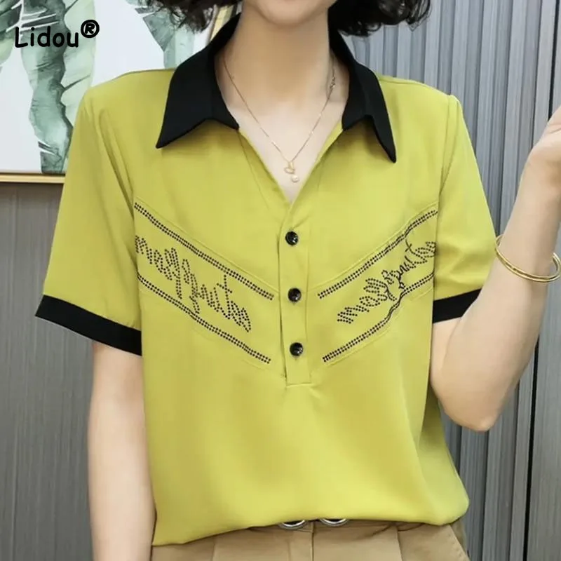 

Fashion All-match Female Diamonds Spliced Polo-Neck Blouse Women's Clothing Casual Commute Contrast Color Short Sleeve Shirt