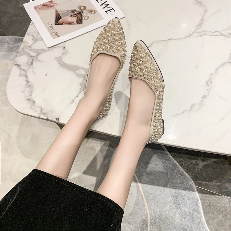 

String Bead Bling Ballet Flats Women's Spring Wedding Crystal Dress Shoes Lady Slip On Moccasins Pointed Toe Soft Single Shoes