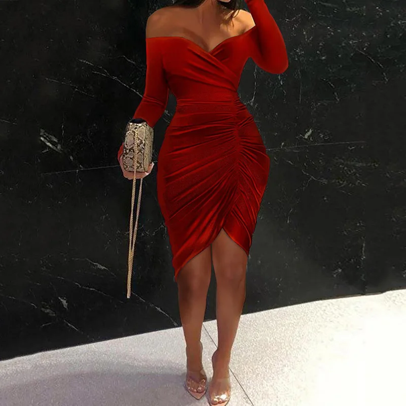

Burgundy Off The Shoulder Ruched Long Sleeve Velvet Party Bodycon Dress Women Sexy Solid High Waist V-neck Club Wear Dress 2022