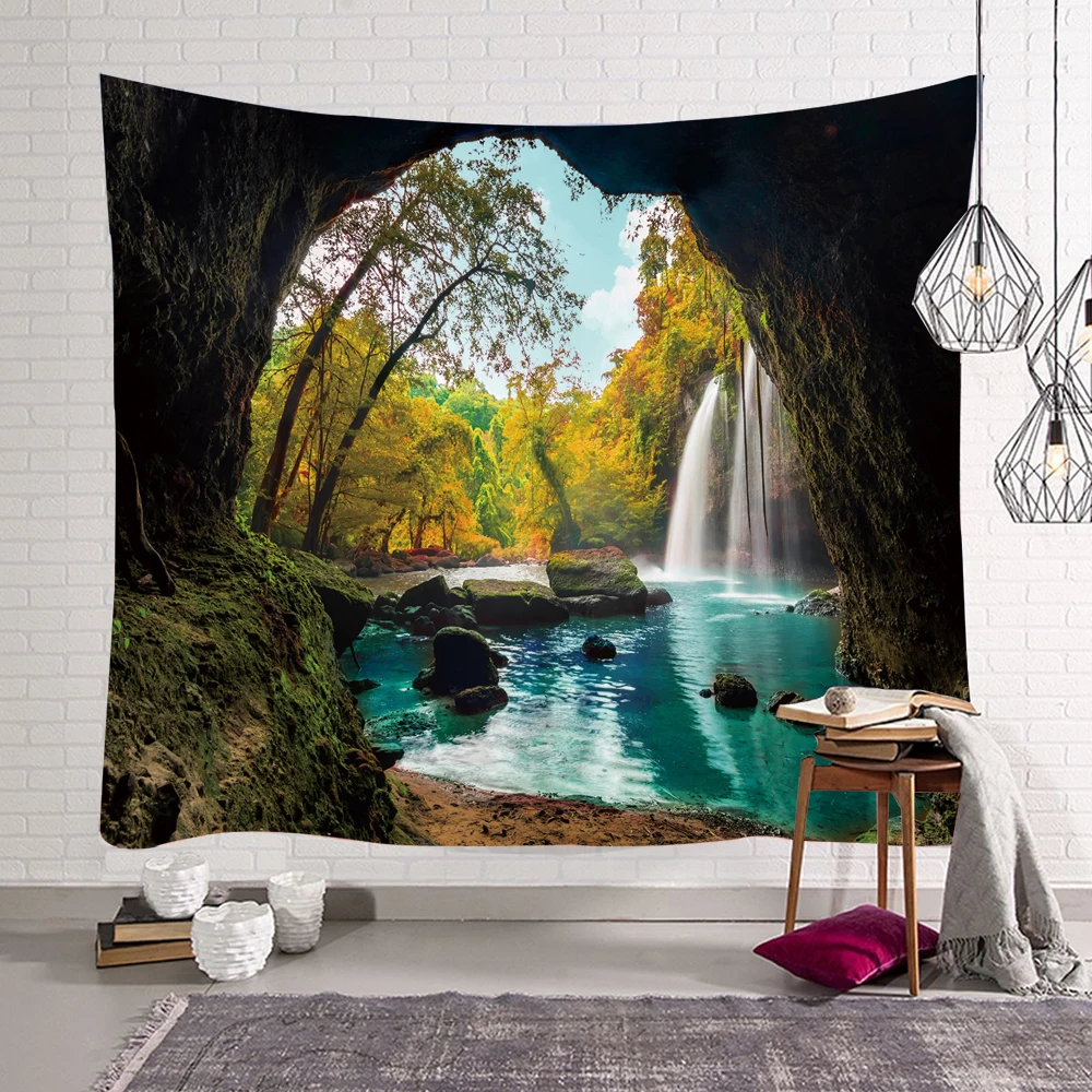 

Sunset Sunrise Waterfall Printed Wall Tapestry Natural Forest Wall Hanging for Home Living Room Bedroom Decor Hanging Cloth