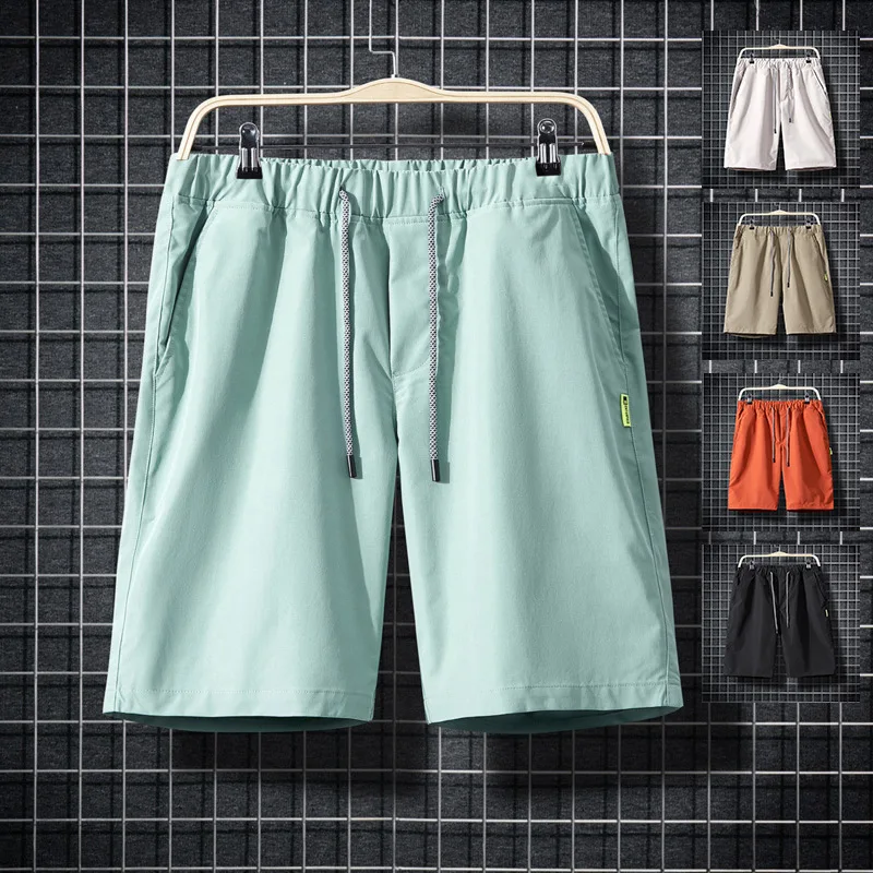 

Summer 2022 Men's Loose Solid Color Shorts Elastic Waistband Lace-up Straight Breathable Beach Shorts