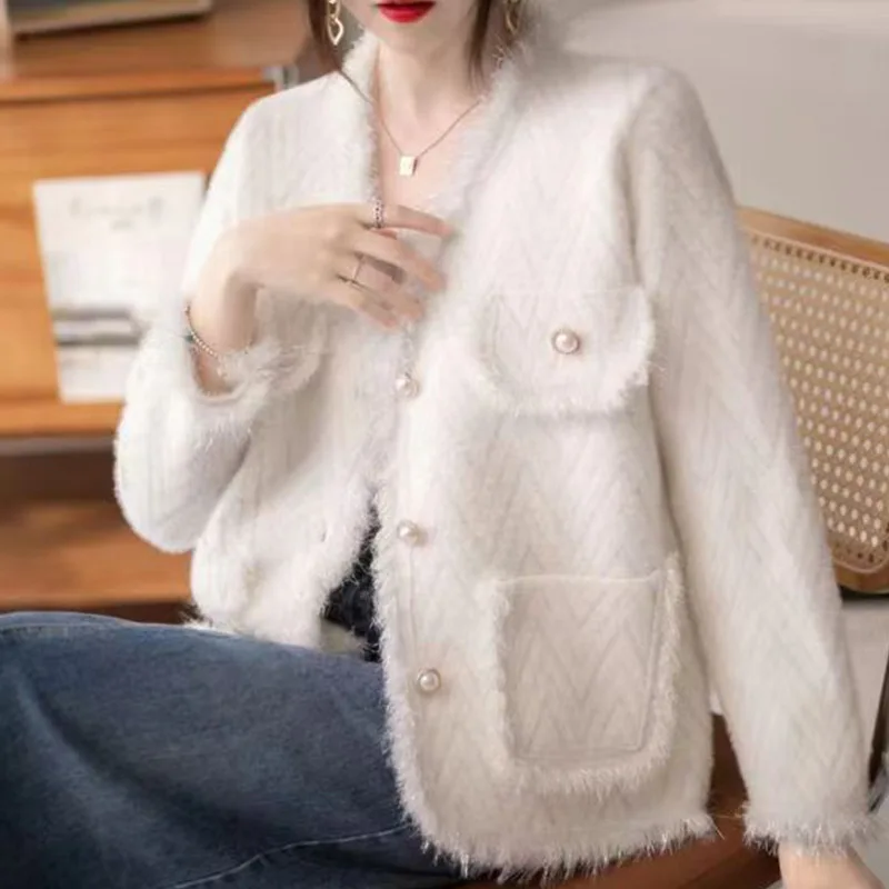 

Tassel Knitted Cardigan Sweater Woman Autumn Imitation Mink Cashmere Versatile Long Sleeve Sweater Women Pocket Elegant Cardigan