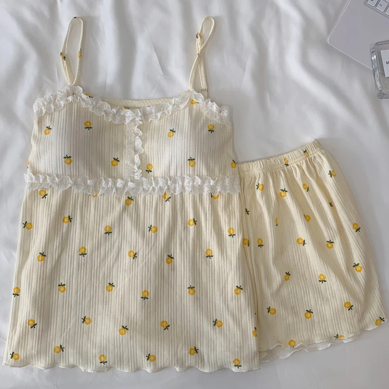 Japan Style Sexy Pajamas for Young Girls Cute Sleeveless Women Pijama Harness Home Clothes with Shorts Lace Sweet Summer Pyjama