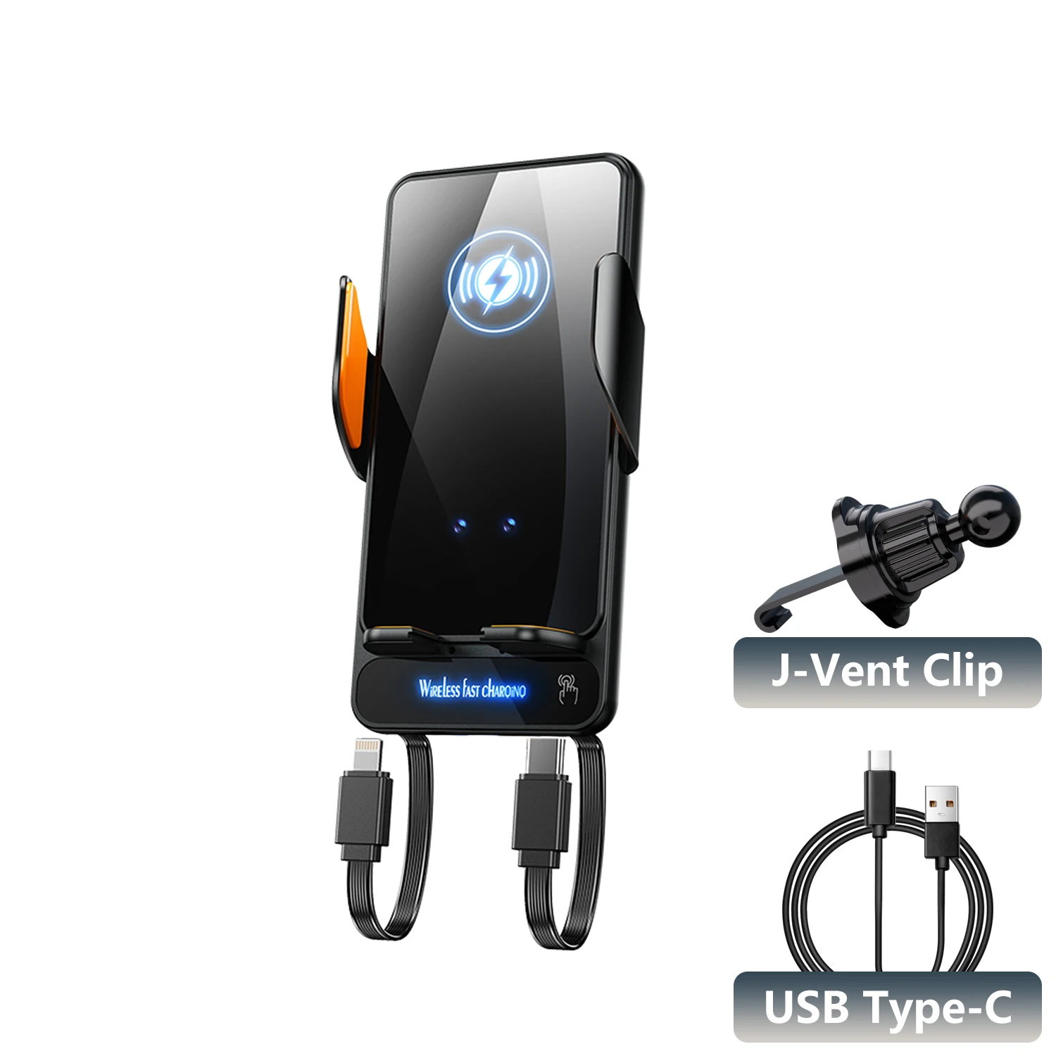 

Автомобильный держатель для телефона с двойными зарядными кабелями, крепление для беспроводного зарядного устройства, автомобильное интеллектуальное зондирование, автоматический зажим для Samsung iPhone Xiaomi