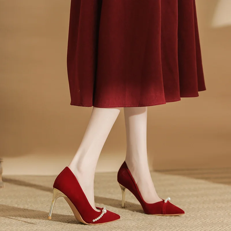 Винно-красные свадебные туфли новинка замшевые тканевые в китайском стиле с