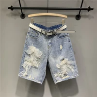 womens summer denim shorts 2022 new beads sequined worn out washed jeans woman knee length jean streetwear short jean feminina