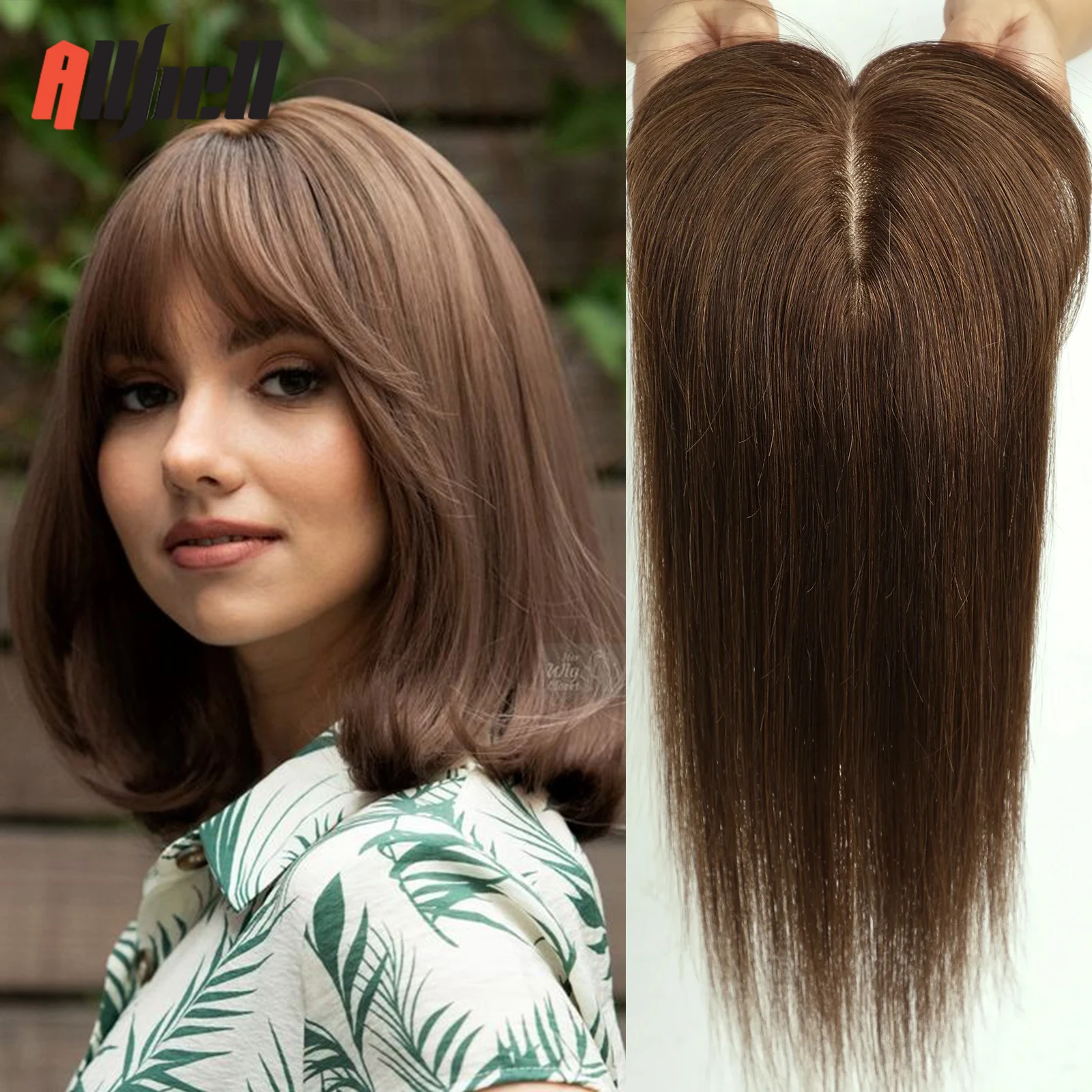 

100% Remy Human Hair Toppers with Bangs 14in Dark Brown Human Hair Pieces for Women with Thinning Hair Silk Base Clip in Topper