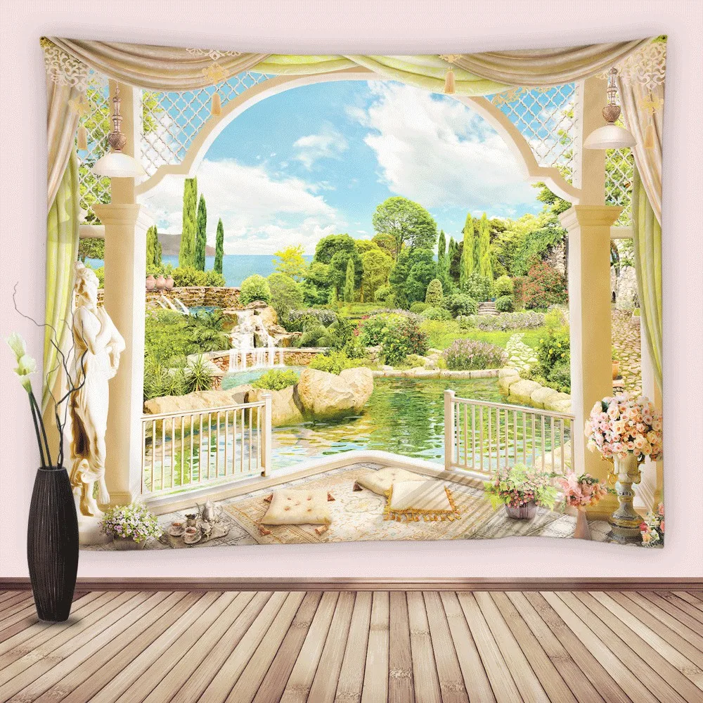 

Nature Landscape Tapestry European Palace Garden Lake Trees Stone Wall Hanging Tapestries Bedroom Living Room Dorm Decor Blanket