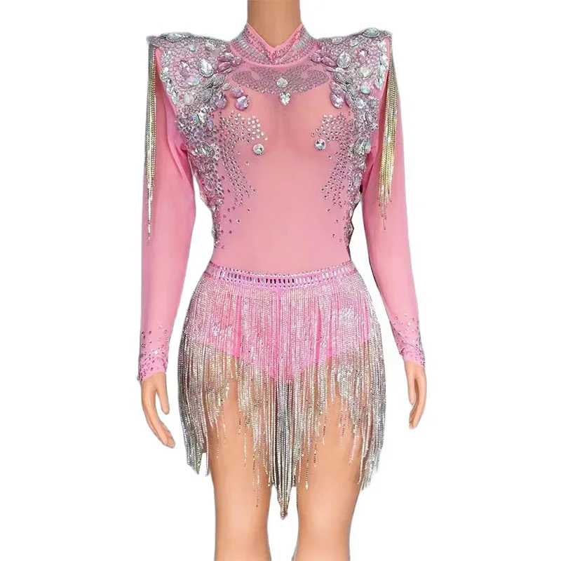 

Womens Sexy Bodysuit Shiny Rhinestone Appliqued Pink Nightclub Dress Crystal Fringe Custom Performance Dance Evening Dress