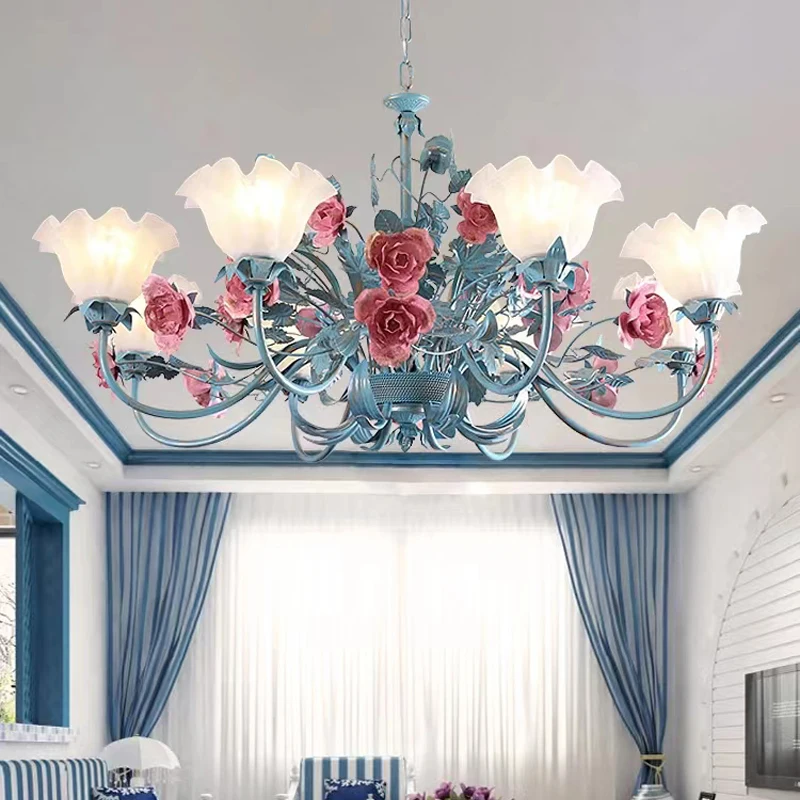 

Rural Iron Living Room Lanterns Grass Lanterns Pendant Lamps Girls' Bedroom Light Villa Living Room Lights Blue Chandeliers