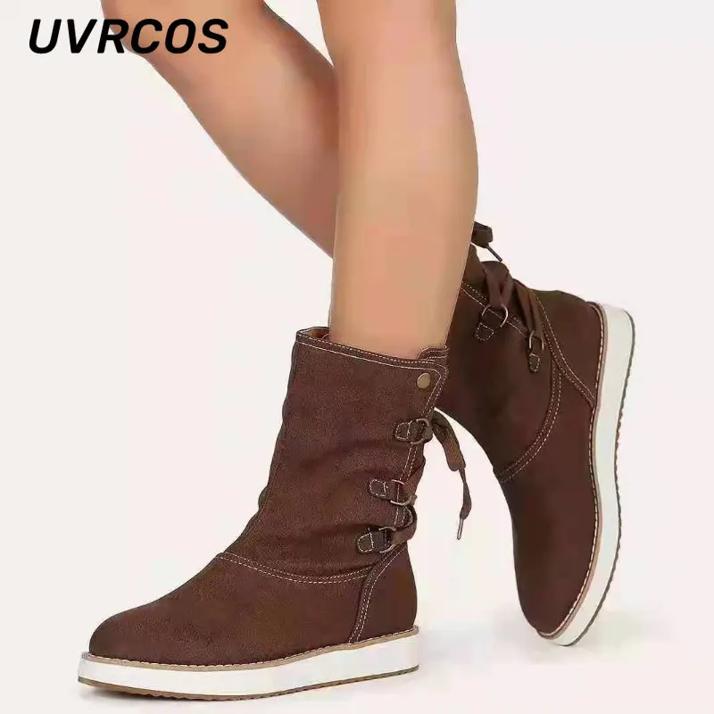 Outdoor Snow Boots Women Fashion Mid-tube Lace Up Casual High-top Back Warm Board Winter