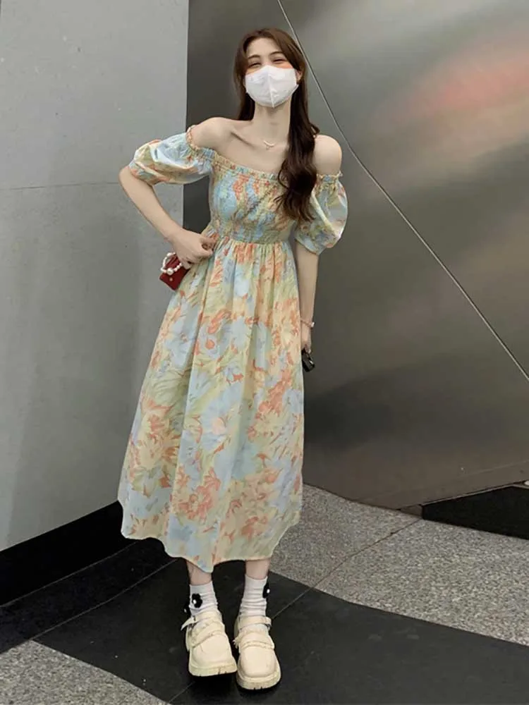 

Женское платье миди с цветочным принтом, дизайнерское милое платье с пышными рукавами, Модные Повседневные платья во французском стиле для ...