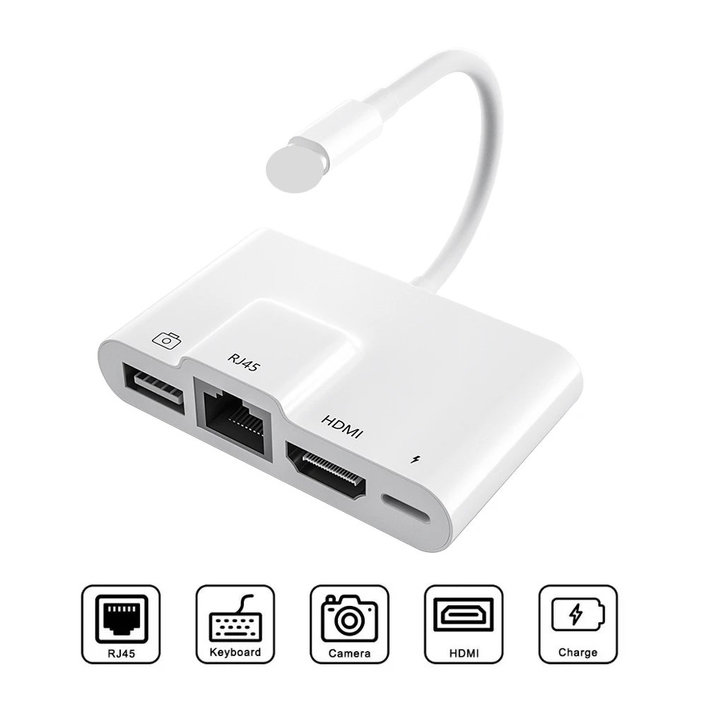 

Lightning to Rj45 Ethernet LAN HDMI Adapter 4K TV USB Hub OTG Cable Charging Converter for iPhone 12/11Pro/11/XS/XR/X/8/7/ iPad