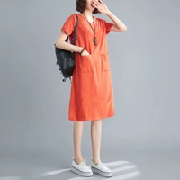 spring and summer large size loose mid length t shirt skirt solid color and v neck short sleeve dress dress for women