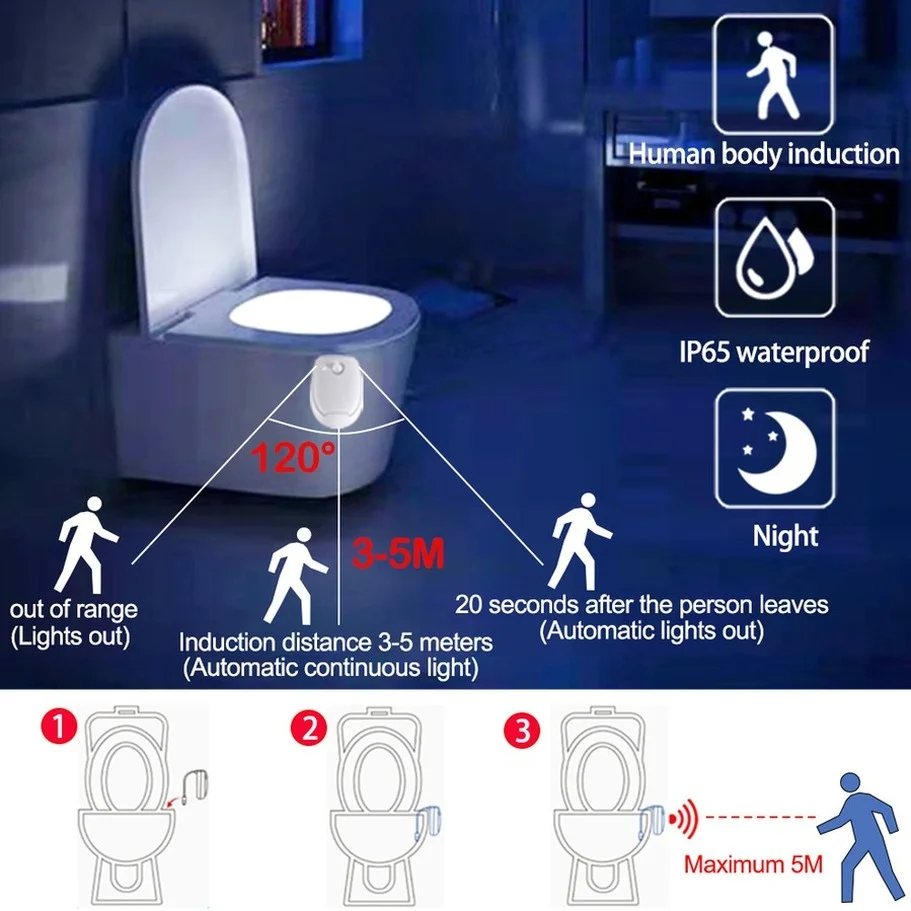 Smart PIR Motion Sensor Toilet Seat Night Light 7 Colors Waterproof Backlight For Toilet Bowl LED Luminaria Lamp WC Toilet Light images - 6