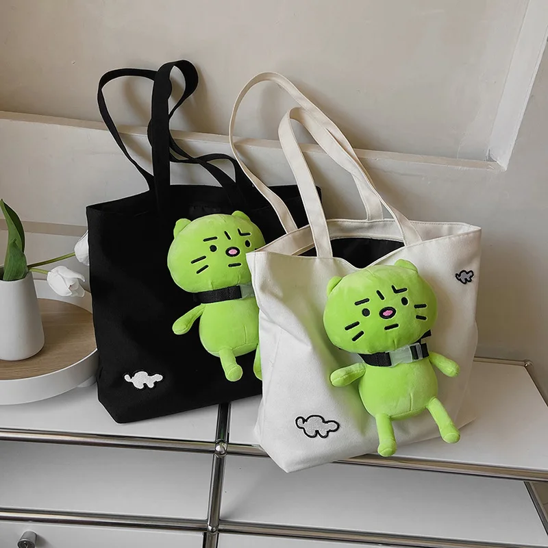 Cartoon Cute Plush Toys One Shoulder Large Bag for Women 2023 New Fashion Student Canvas Shopping Simple Handheld Tote Bag