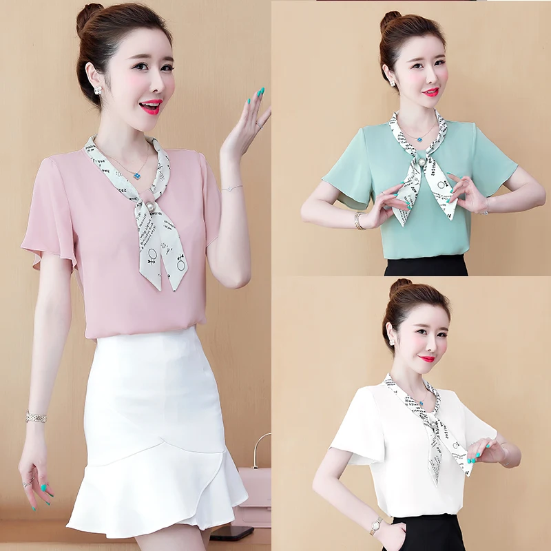 

V-neck Shirts Women Blouse Short Sleeve Tops Chiffon Loose Bow Fashion Casual New