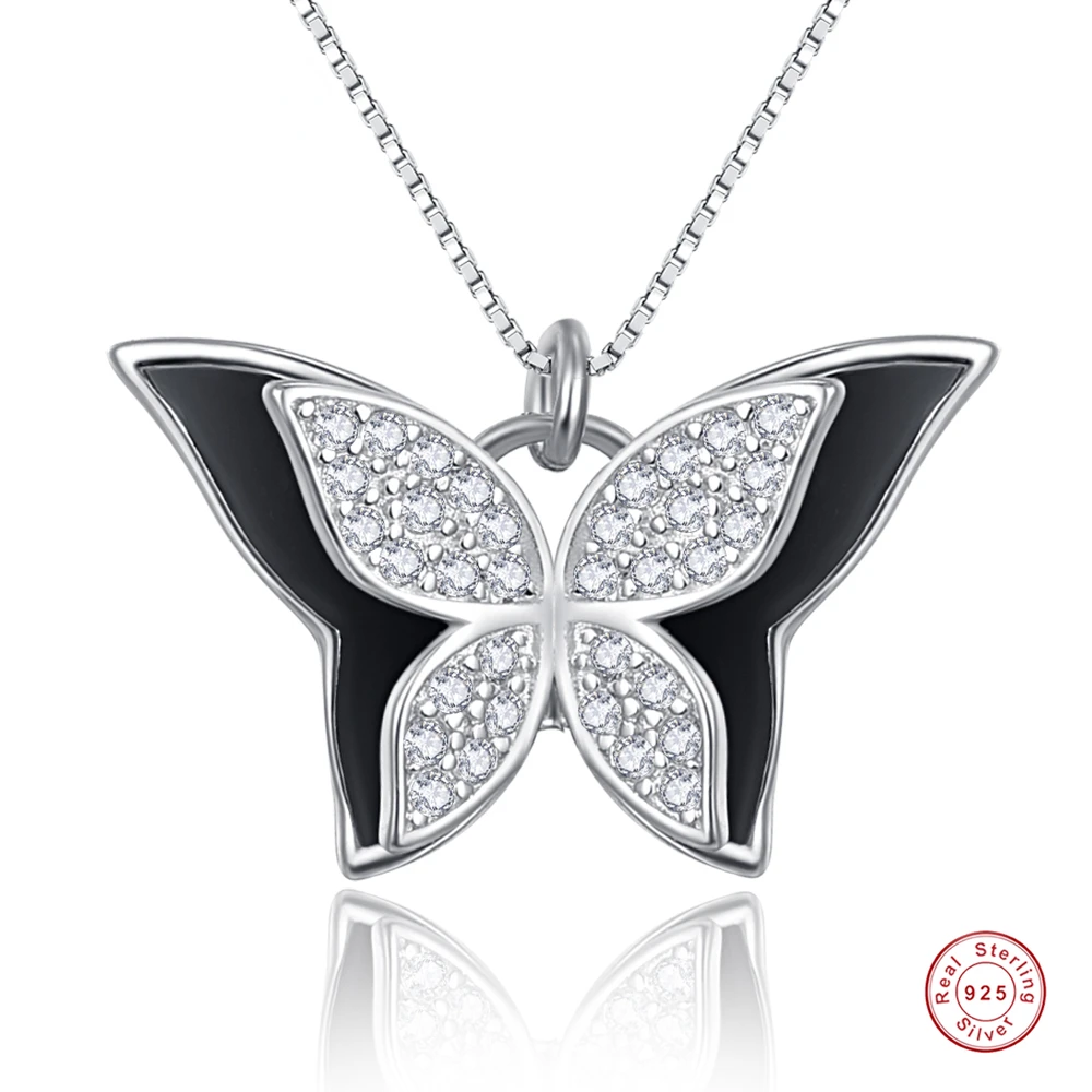 

NUNCAD 925 Sterling Silver Zircon Double Bow Butterfly Pendant Necklace Box Chain Women Jewelry Free Shipping