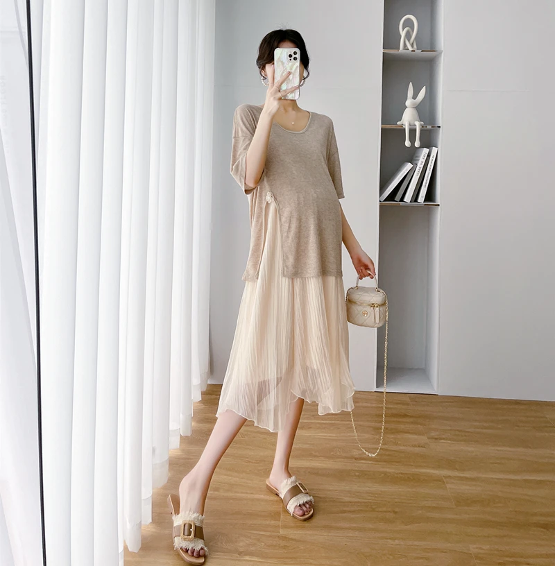 

Summer Elegant Thin Knitted Shirt Gauze Maternity Sling Dress Sets Elegant A Line Clothes for Pregnant Women Ins Chic Pregnancy