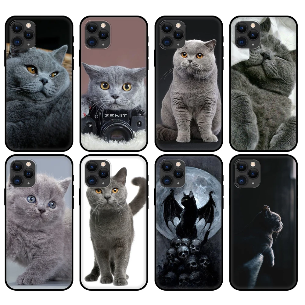 

Black tpu case for iphone 5 5s se 2020 6 6s 7 8 plus x 10 XR XS 11 12 mini pro MAX back cover British Shorthair cat