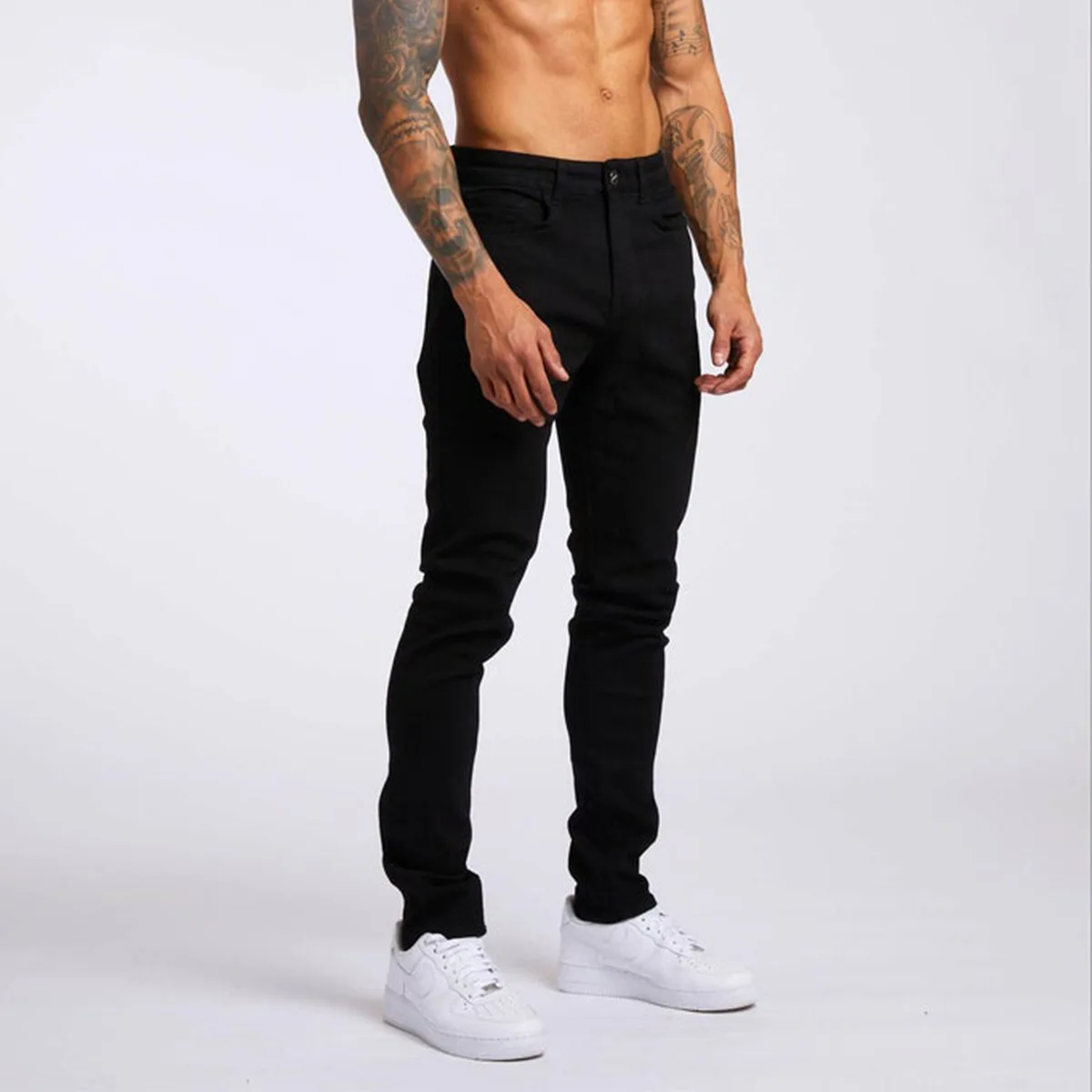 New Mens Jeans Trend Black Slim High Waist Denim Pants Men Four Seasons Full Length Solid Slim Fit Trousers Men Skinny Jeans