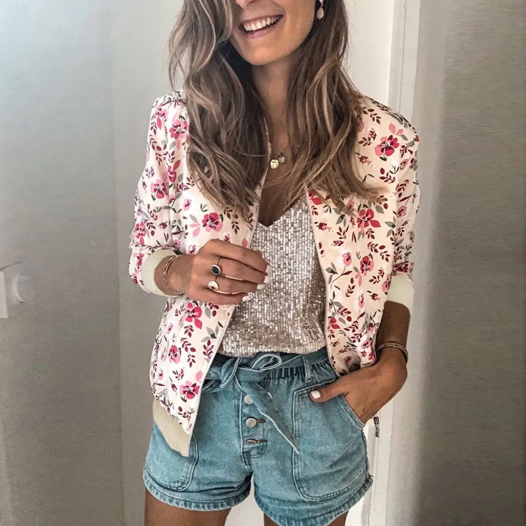 Женская Куртка-бомбер С Цветочным Принтом Уличная Одежда Длинными Рукавами И