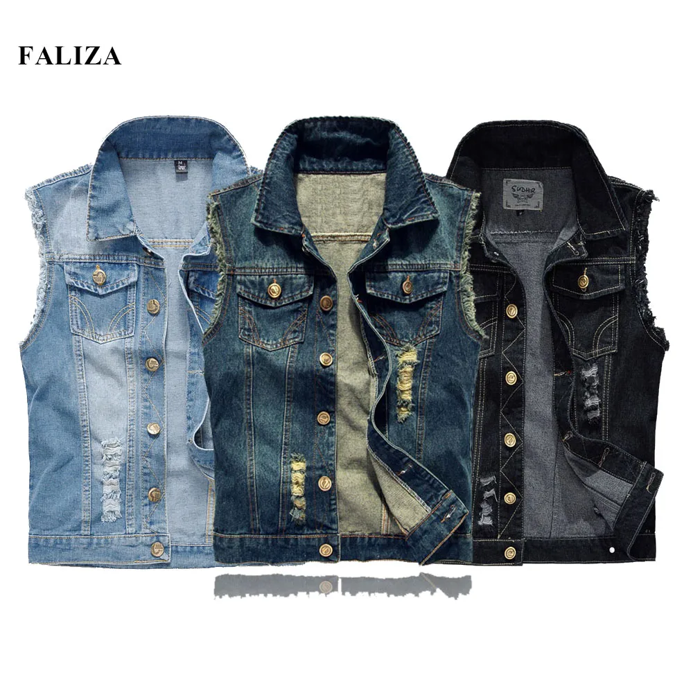 

FALIZA Mens Denim Vests Ripped Sleeveless Jeans Jacket Men Waistcoats Cotton Gilet Tank West Cowboy Hip Hop Streetwear MJ121