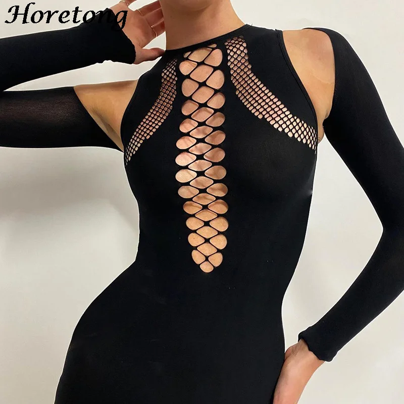 

Horetong Women Sexy Hollow Out Dress Vintage Goth Long Sleeve Off Shoulder Beach Bodycon Dresses Female Club Party Streetwear